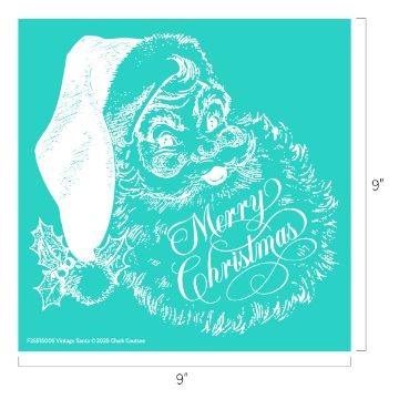 Show details for Vintage Santa Illustration of a smiling vintage Santa Claus wearing a hat, with holly by his beard, and the words "Merry Christmas" in elegant script on a teal square background. The image dimensions are 9 by 9 inches.