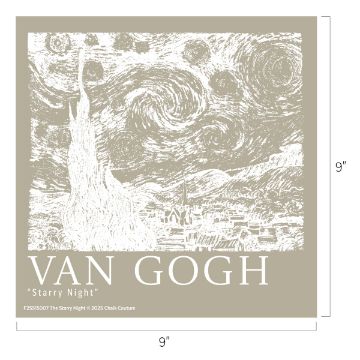 Show details for The Starry Night A beige and white sketch-style illustration of Van Gogh’s “Starry Night” with swirling skies over a village. The text below reads “VAN GOGH ‘Starry Night’” with dimensions labeled as 9 inches by 9 inches.