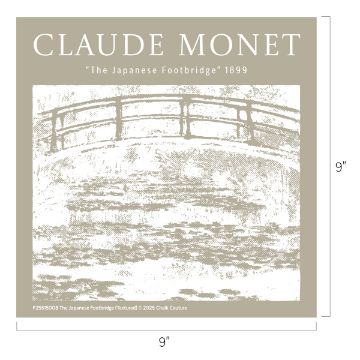 Show details for The Japanese Footbridge A beige and white print showing Claude Monet’s “The Japanese Footbridge” from 1899, with a stylized sketch of an arched bridge over water and foliage, measuring 9 by 9 inches.