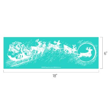 Show details for Foggy Christmas Eve White sketch of Santa in a sleigh led by reindeer, including one highlighted with a circle, on a teal background. The image measures 18 inches wide by 6 inches tall.