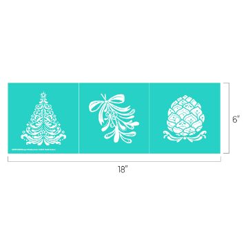 Show details for Elegant Holiday Icons A teal stencil sheet measuring 18 inches by 6 inches, featuring three white designs: a decorated Christmas tree, a festive bow with leaves, and a pinecone.