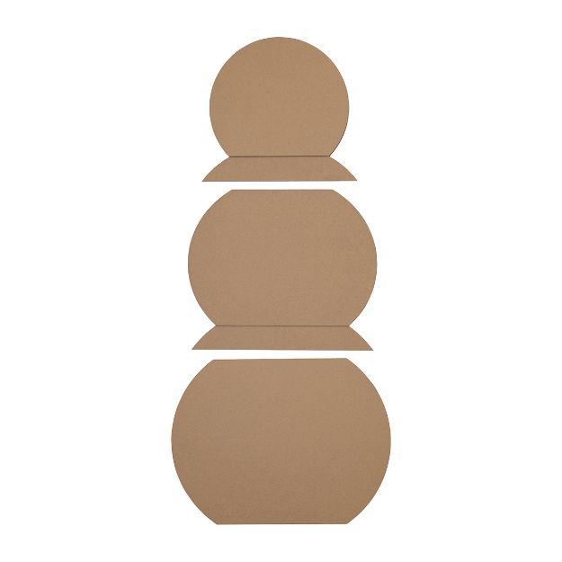 Three brown cardboard cutouts shaped like circles, each with a flat edge, are stacked vertically to resemble the outline of a snowman on a white background.