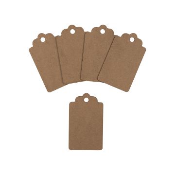 Show details for Gift Tags (12-Pack) Five brown, scalloped-edge kraft paper tags with holes at the top are fanned out above a single matching tag on a plain white background.
