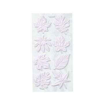 Show details for Leaf Artisan Add-Ons A sheet of eight white stickers, each shaped like a different type of leaf, arranged in two vertical columns on a clear backing.