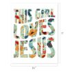 Colorful floral text art with the words "THIS GIRL LOVES JESUS" in bold, uppercase letters filled with various flower and leaf patterns. The artwork measures 8.5 inches wide by 11 inches tall.