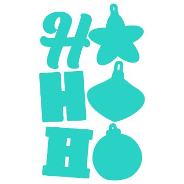 Show details for Digital Download - Ho Ho Ornaments Six teal silhouettes on a white background: two "H" letters, a star ornament, two geometric ornaments, and the letter "O," arranged vertically to spell "HO HO.
