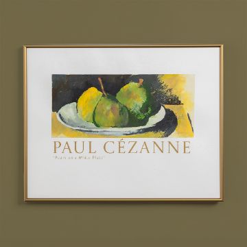Show details for Pears on a White Plate A framed art print of Paul Cézanne's "Pears on a White Plate," showing three green pears on a white plate against a yellow and dark background, with the artist's name and artwork title below.