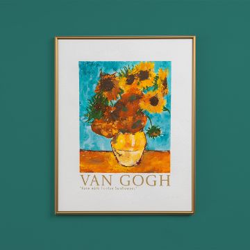 Show details for Vase with Twelve Sunflowers A framed poster of Vincent van Gogh’s “Vase with Twelve Sunflowers” is hung on a teal wall. The colorful artwork shows a yellow vase filled with bright sunflowers. The artist’s name is printed below the image.