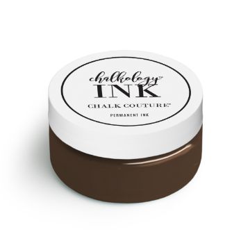 Show details for Espresso Ink A small round jar of Chalk Couture Chalkology Ink with a white lid and brown contents. The label on the lid reads “chalkology INK, Chalk Couture, Permanent Ink.”.