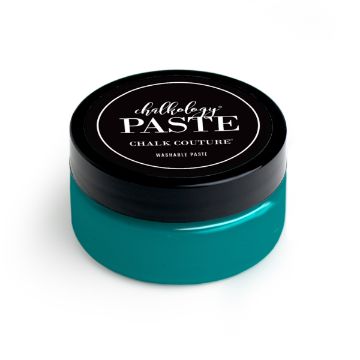 Show details for Lagoon Paste (En Vogue) A jar of Chalkology Paste by Chalk Couture, featuring a black lid with a labeled top and a bright teal-colored body, placed on a white background.