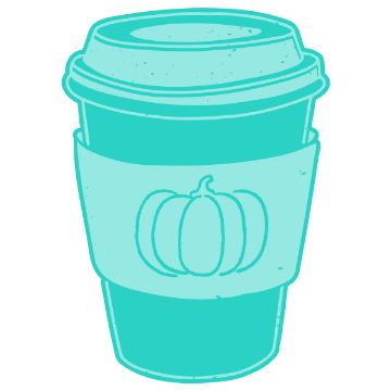 Show details for Digital Download - Pumpkin Spice & Jesus Christ A teal illustration of a to-go coffee cup with a lid and a sleeve featuring a pumpkin design. The image has a simple, minimalistic style.