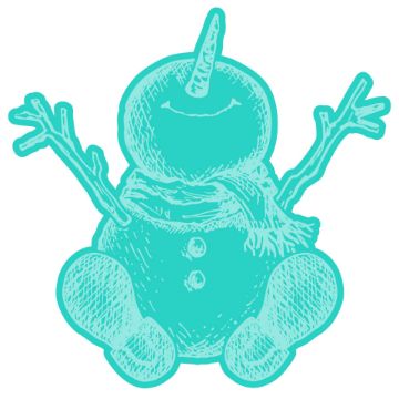 Show details for Digital Download - Hello Winter Snowman Teal sketch of a playful snowman sitting with arms raised, wearing a scarf and buttons on its belly, and a large carrot nose, all outlined with bold lines.