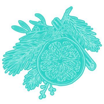 Show details for Digital Download - Christmas Market A teal line drawing of a lemon slice, cinnamon stick, and pine branches with berries, arranged together in a stylized, botanical composition on a white background.