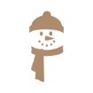 A simple, brown cutout of a snowman's face wearing a winter hat and scarf, with a carrot-shaped nose, coal eyes, and a dotted smile, on a white background.