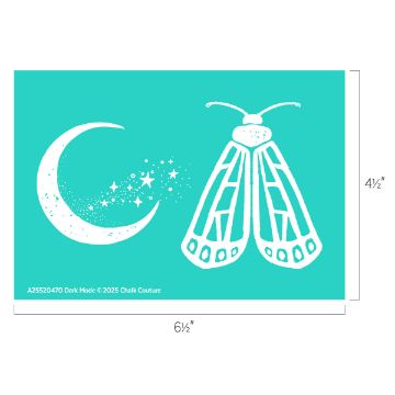 Show details for Dark Mode Teal rectangle featuring white illustrations of a crescent moon with scattered stars on the left and a stylized moth on the right. Dimensions are 6.5 inches wide by 4.5 inches tall.