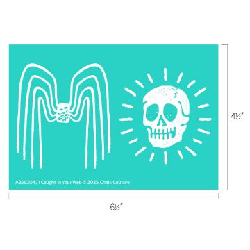 Show details for Caught In Your Web A turquoise rectangle features a white spider web with a large spider on the left and a white skull with radiating lines on the right. Measurements are 6.5 inches wide by 4.5 inches tall.