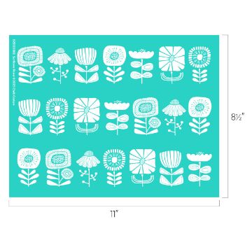 Show details for Sunflower Power Turquoise stencil sheet measuring 11 by 8.5 inches, featuring five rows of various white stylized floral designs, including different flowers and leaves.