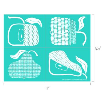 Show details for Fallen Fruit A graphic stencil sheet with four white fruit illustrations—a sliced apple, an ear of corn, a whole pear, and a sliced pear—on a teal background. The sheet measures 11 inches by 8.5 inches.