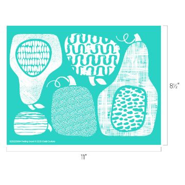 Show details for Feeling Gourd A teal stencil featuring five abstract fruit shapes outlined in white, each filled with different white patterns, with the stencil dimensions labeled as 11 inches wide by 8.5 inches tall.