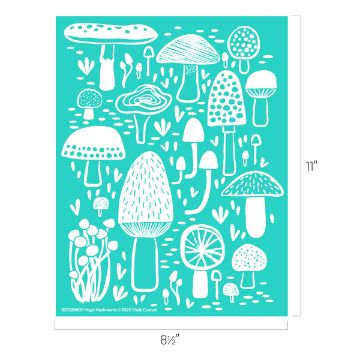 Show details for Magic Mushrooms A teal rectangular sheet with white, variously shaped mushroom and plant illustrations. The design includes tall, short, and round mushrooms, with dimensions labeled as 8.5 inches wide by 11 inches tall.
