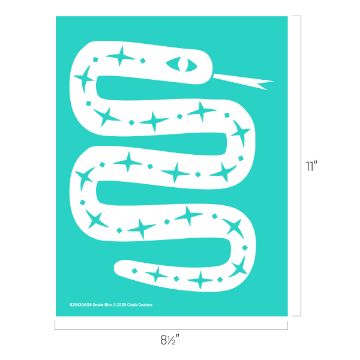 Show details for Snake Bite A white snake with stars along its body is illustrated on a teal background. The snake is coiled in an S-shape, and dimensions of 11 inches tall by 8.5 inches wide are shown.