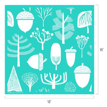 Show details for Falling For You A turquoise square with white, stylized drawings of various trees, branches, and acorns. The image measures 18 by 18 inches.
