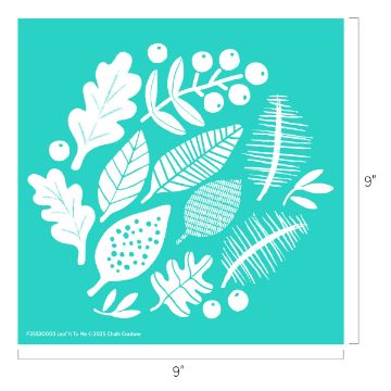 Show details for Leaf It To Me White leaf and berry illustrations in various styles are arranged on a teal square background. The design fits within a 9-inch by 9-inch area, as indicated by measurement lines.