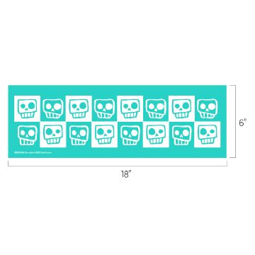 Show details for Bone-afide A turquoise stencil sheet measuring 18 by 6 inches features a row of white skull designs, each with a square or rounded outline, arranged in two rows.