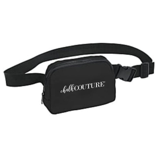 A black waist bag with an adjustable strap and a front zipper pocket, featuring the text “chalk COUTURE” printed in white on the front.
