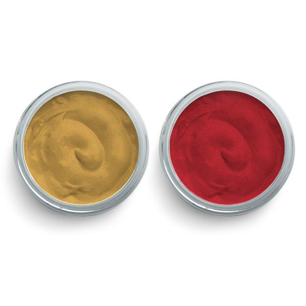 Two round metal containers, one filled with yellow mustard and the other with red ketchup, viewed from above against a white background.