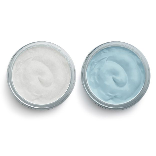 Two round jars viewed from above, one filled with white cream and the other with light blue cream, both with smooth, swirled surfaces.