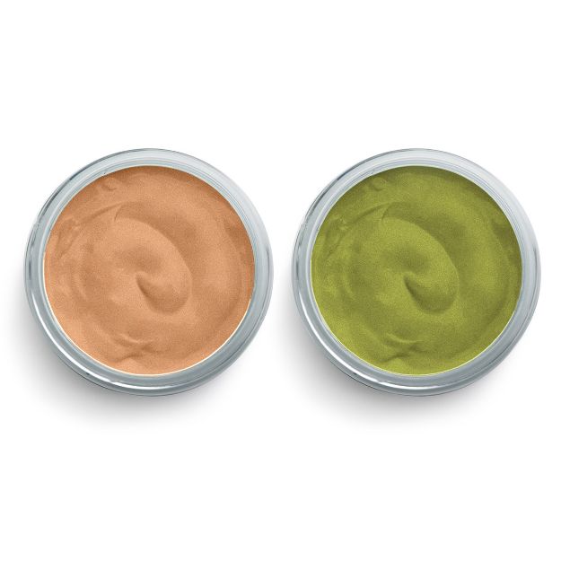 Two round containers, one with beige cream and the other with green cream, both viewed from above and placed side by side.