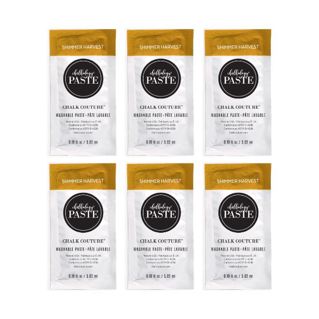 Six packets of Chalk Couture Shimmer Harvest washable paste are arranged in two rows of three. Each packet has a gold top, black circular logo, and product details in black on a white background.