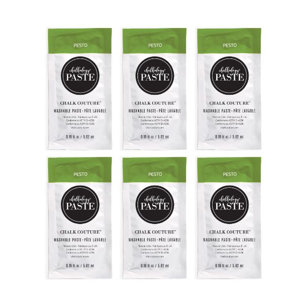Six small packets of Chalk Couture Chalk Paste in the color "Pesto," arranged in two rows of three. Each packet is green and white, labeled as washable paste, 0.19 fl oz (5.2 mL).