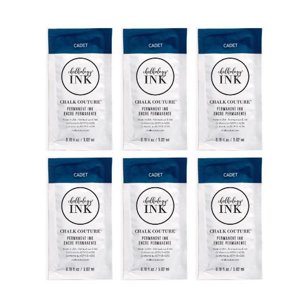 Six packets of Chalk Couture permanent ink in “Cadet” color, arranged in two rows of three. Each packet is blue and white with black text and contains 0.19 fl oz (5.6 mL) of ink.