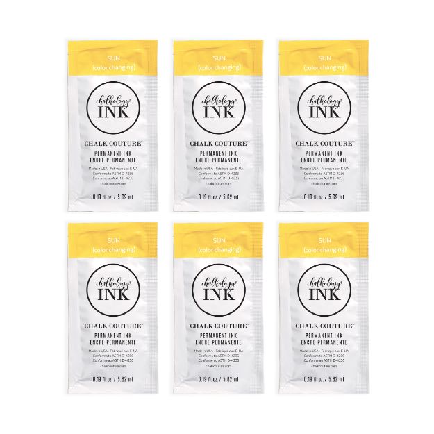 Six packets of Chalkology Ink by Chalk Couture in “Sun (color changing)” yellow, each labeled as permanent ink, arranged in two rows of three against a white background.