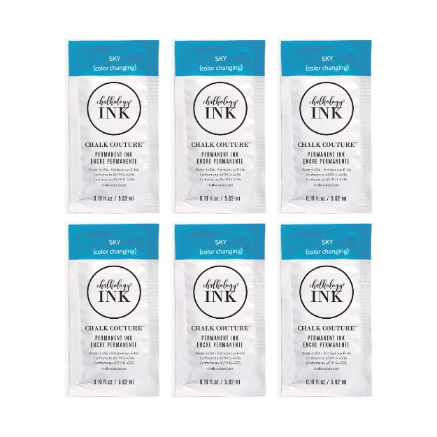 Six packets of Chalkology Ink by Chalk Couture, labeled "Sky (color changing)" with white backgrounds. Each packet is 0.19 fl oz (5.62 mL) and features decorative black text and logos.
