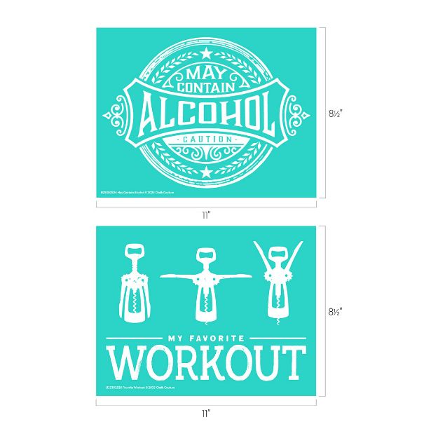Two turquoise signs: one reads "May Contain Alcohol" in ornate text, the other shows three corkscrews in different positions above the words "My Favorite Workout" in bold white letters.
