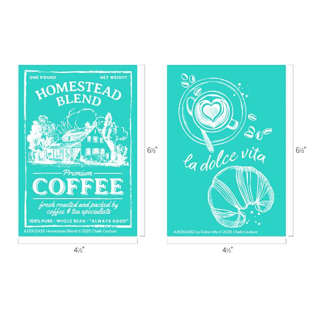 Two turquoise prints: one features a rustic house with the text "Homestead Blend Premium Coffee," the other shows a cup of coffee, spoon, and croissant with the phrase "la dolce vita." White illustrations on teal backgrounds.