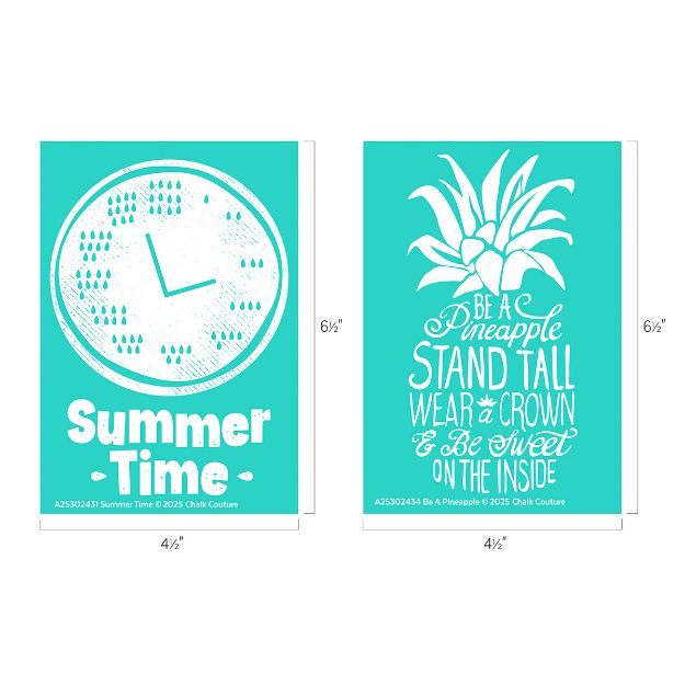 Two teal posters: one with a clock face and "Summer Time" text, the other with a pineapple illustration and the phrase, "Be a pineapple. Stand tall, wear a crown & be sweet on the inside." Dimensions are shown.