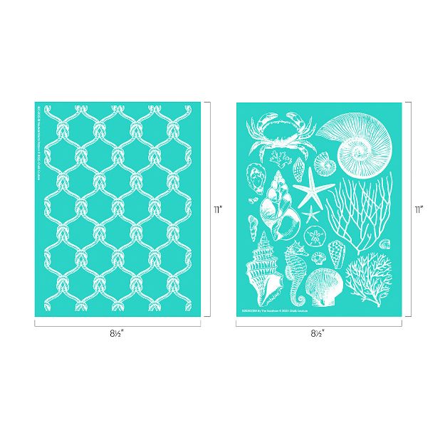 Two teal stencil sheets, each 8.5 by 11 inches. One has a repeating rope pattern; the other features white sea-themed designs like crabs, shells, starfish, coral, and seahorses.