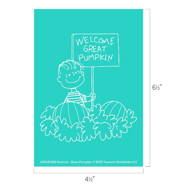 A cartoon boy holding a sign that says "WELCOME GREAT PUMPKIN" stands among pumpkins and leaves on a teal background. Image dimensions are 6½ inches tall by 4½ inches wide.