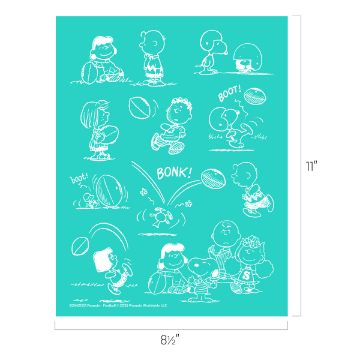 Show details for Peanuts - Football Turquoise background with white sketch-style drawings of Peanuts characters playing football, including Snoopy, Charlie Brown, and others, with action words like "BOOT!" and "BONK!" along with footballs in motion.
