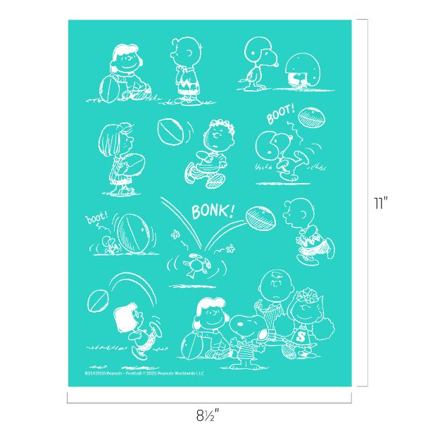 Turquoise background with white sketch-style drawings of Peanuts characters playing football, including Snoopy, Charlie Brown, and others, with action words like "BOOT!" and "BONK!" along with footballs in motion.