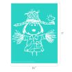 White sketch of Snoopy dressed as a scarecrow on a teal background. Snoopy wears a straw hat and shirt with straw sticking out from sleeves. Image dimensions are 8.5 inches wide by 11 inches tall.