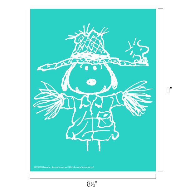 White sketch of Snoopy dressed as a scarecrow on a teal background. Snoopy wears a straw hat and shirt with straw sticking out from sleeves. Image dimensions are 8.5 inches wide by 11 inches tall.