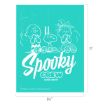 Turquoise poster featuring Peanuts characters Charlie Brown, Snoopy, and Linus looking surprised. The text reads "Spooky Crew" and "Good Grief!" in white, with dimensions 8½" x 11".