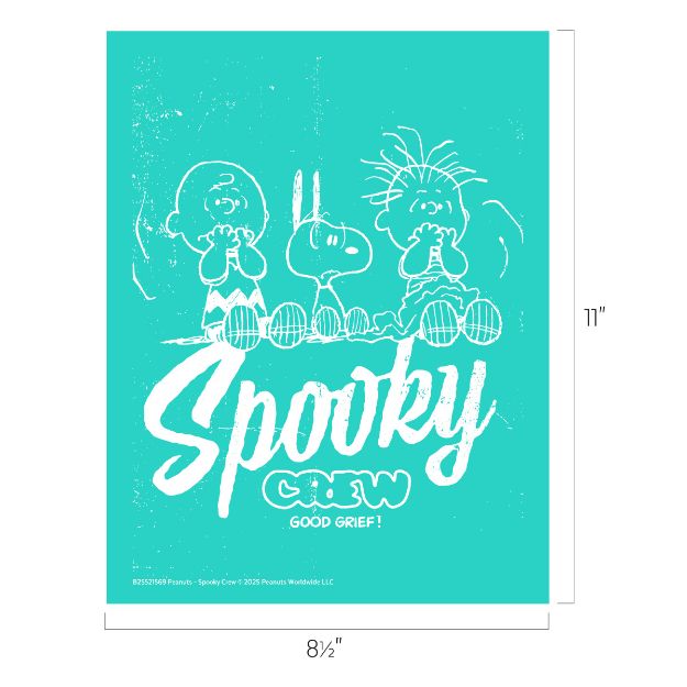 Turquoise poster featuring Peanuts characters Charlie Brown, Snoopy, and Linus looking surprised. The text reads "Spooky Crew" and "Good Grief!" in white, with dimensions 8½" x 11".
