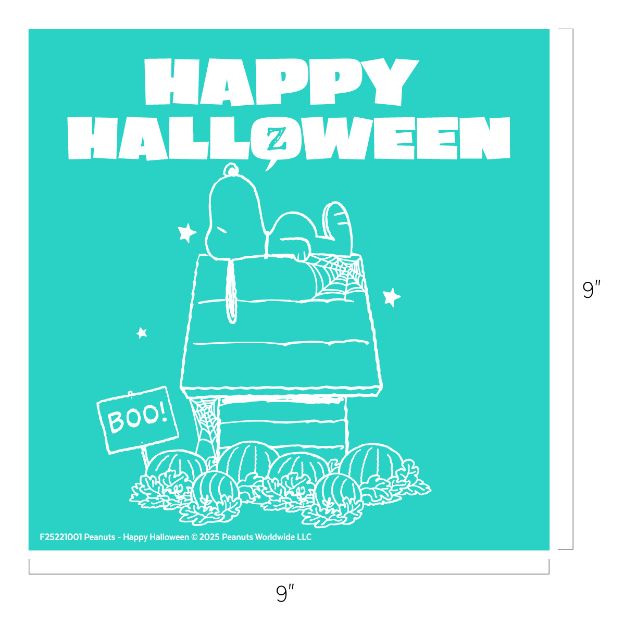 Snoopy sleeps on top of his doghouse decorated with spiderwebs and pumpkins, under the words "HAPPY HALLOWEEN." A sign reading "BOO!" is in the yard. The design is white on a turquoise background.