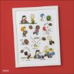 A framed cartoon illustration of Peanuts characters playing with footballs, including Charlie Brown, Snoopy, Lucy, and others, on a white background with a red wall behind the frame.